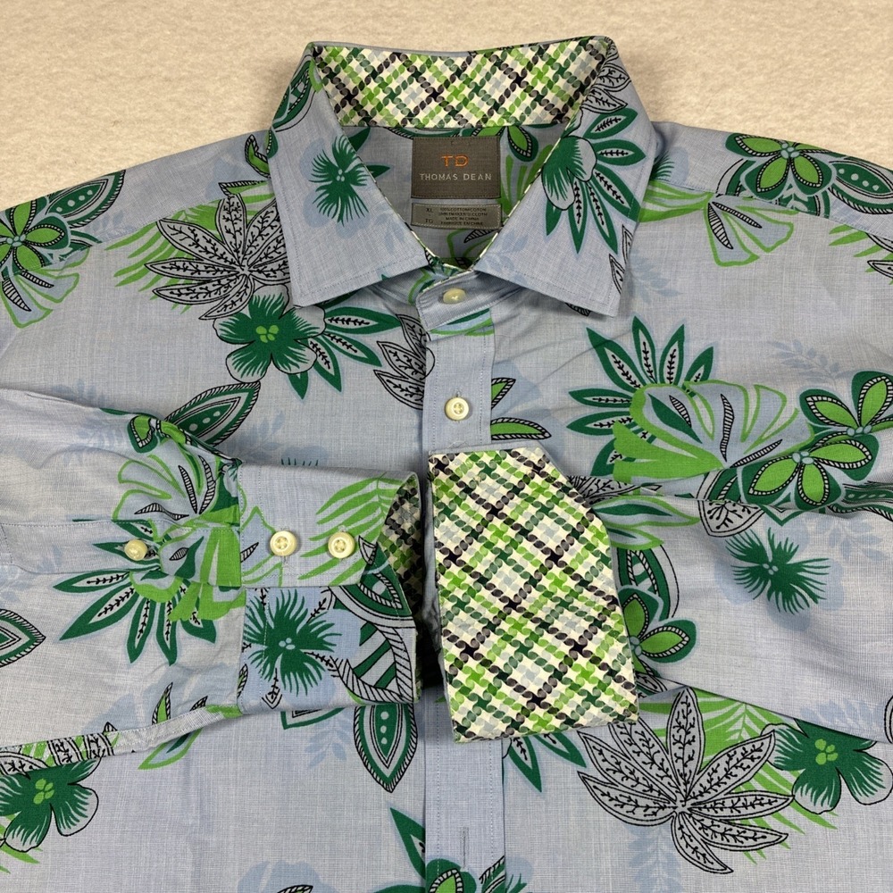 Thomas Dean Shirt Mens XL Blue Floral Flip Cuff Plaid Long Sleeves Cotton